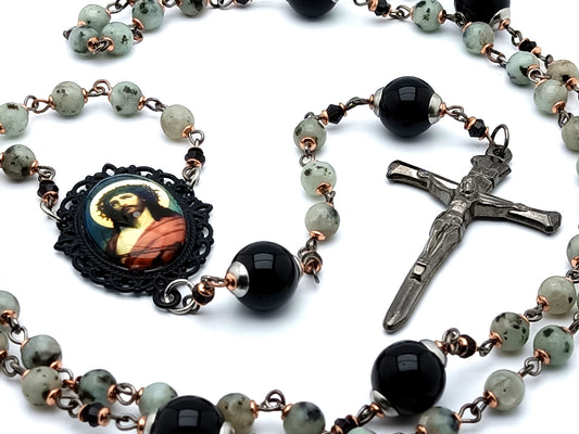 The Crowning of Thorns unique rosary beads with jasper and onyx gemstone beads and nail design crucifix.