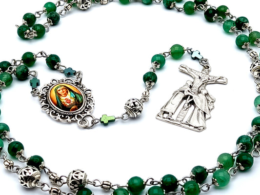 Our Lady of Sorrows unique rosary beads dolor prayer chaplet in agate gemstones and silver beads with Saint John and Mary at the foot of the cross crucifix.