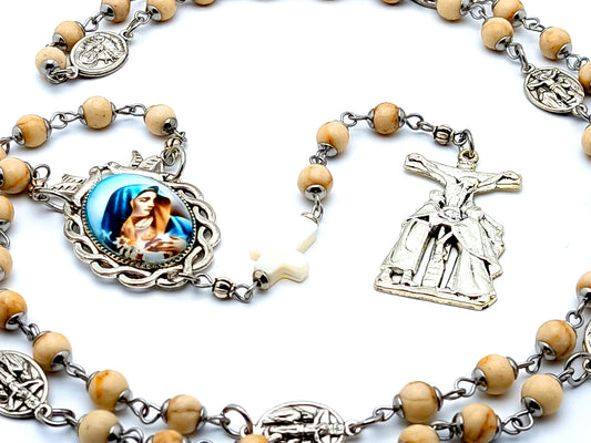 Our Lady of Sorrows unique rosary beads dolor gemstone prayer chaplet with mother of pearl cross and Saint John and Mary crucifix with Holy Spirit medal.
