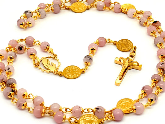 Miraculous medal unique rosary beads with agate gemstone beads and etched Saint Benedict medals and crucifix and Virgin Mary gold plated stainless medal.