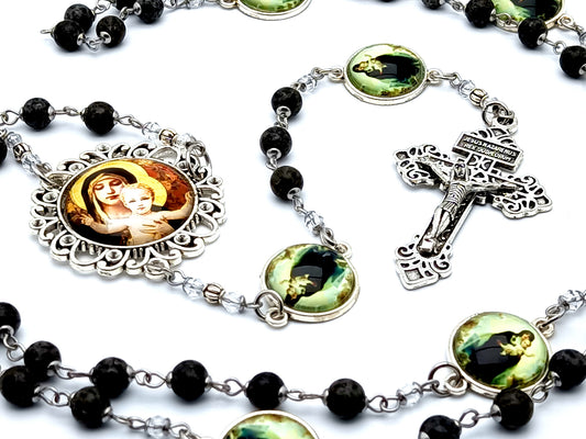 Our Lady of Laus unique rosary beads with jasper gemstone beads and pardon crucifix and Virgin Mary and child Jesus picture medals.