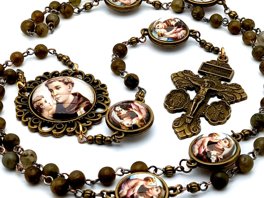 Saint Anthony of Padua unique rosary beads with agate gemstone beads and double sided domed Saint Anthony picture medals and Miraculous medal brass crucifix.
