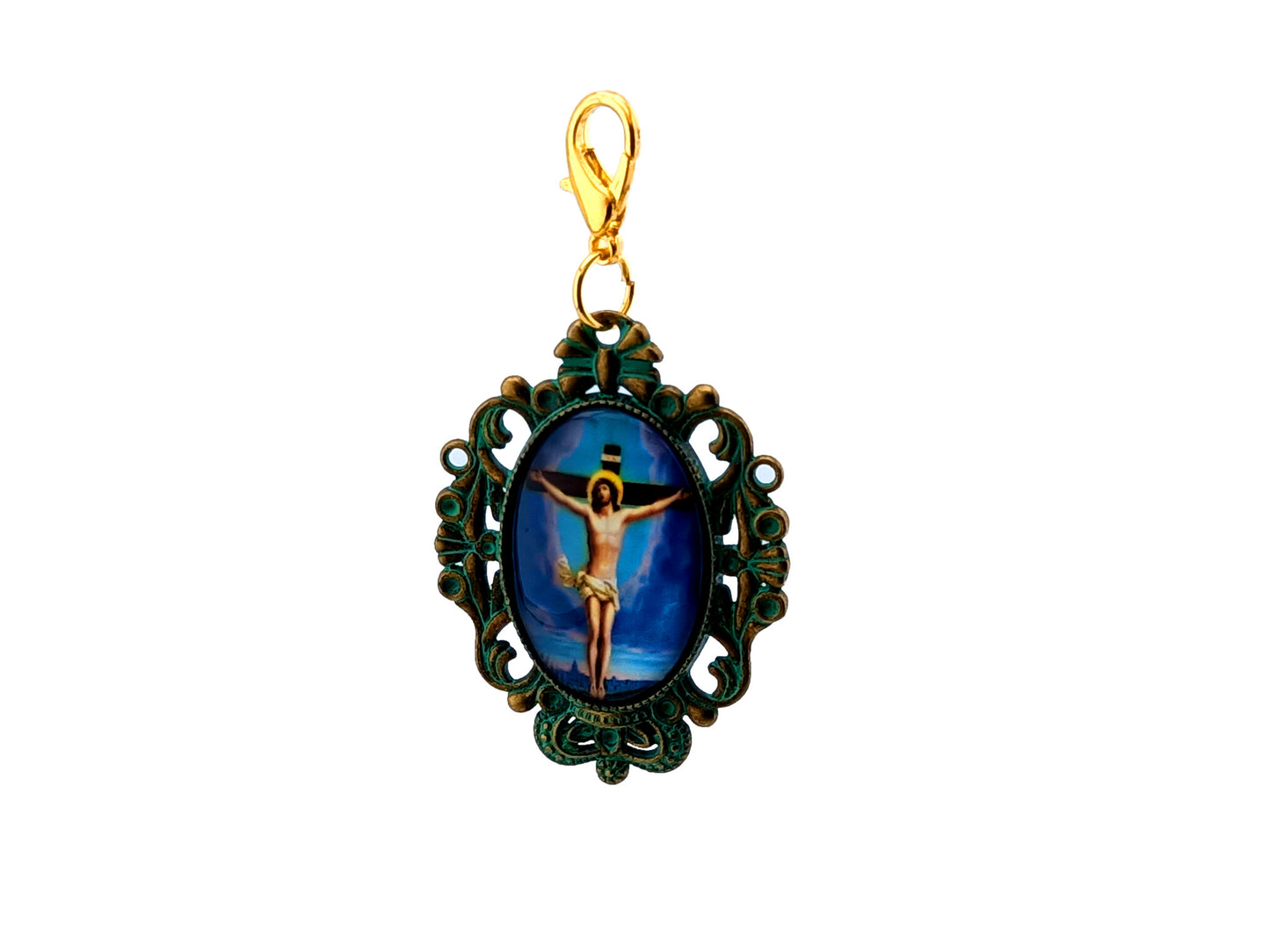 Christ Crucified unique rosary beads antique style devotional bronze alloy medal with gold plated lobster clasp.