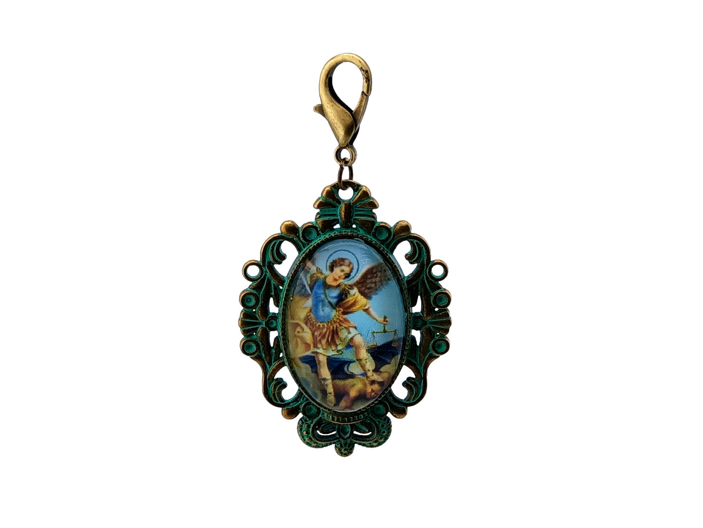 Saint Michael unique rosary beads antique style devotional bronze alloy medal with bronze lobster clasp.