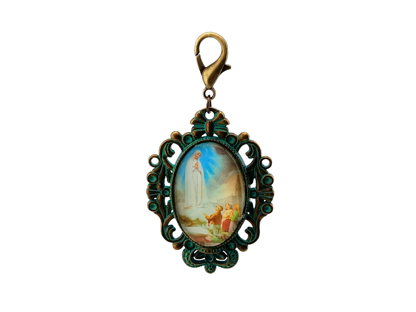 Our Lady of Fatima unique rosary beads antique style devotional bronze alloy medal with gold plated lobster clasp.