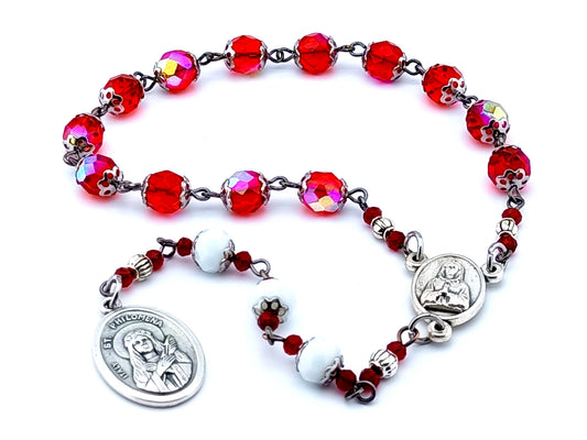 Saint Philomena red faceted glass prayer chaplet with Maria Rosa Mystica center medal.