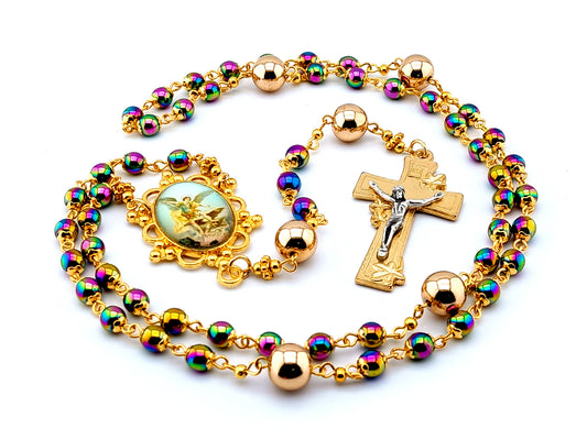 Saint Michael unique rosary beads hematite gemstone rosary beads with gold plated lily crucifix and rose gold Our father beads.
