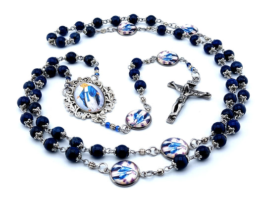 Our Lady of Grace unique rosary beads lapis lazuli gemstone rosary beads with stainless steel crucifix and Virgin Mary domed steel linking picture medals.