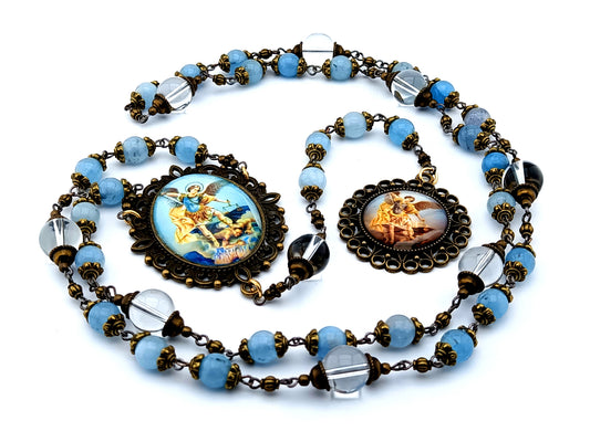 Saint Michael unique rosary beads vintage style aquamarine and crystal gemstone prayer bead chaplet with domed picture medal of Saint Michael.