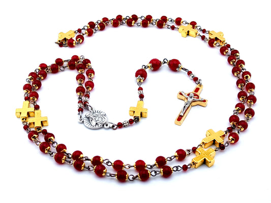God the Father unique rosary beads jasper gemstone prayer chaplet with Holy Spirit red enamel crucifix and gold cross beads.