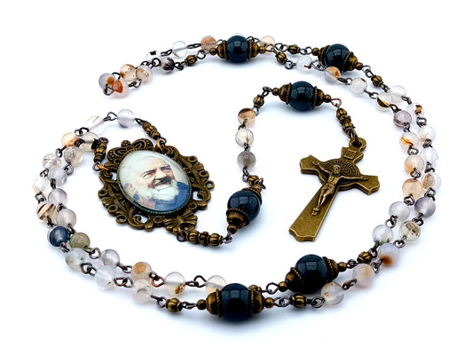 Saint Padre Pio unique rosary beads vintage style agate gemstone rosary beads with brass Saint Benedict crucifix.