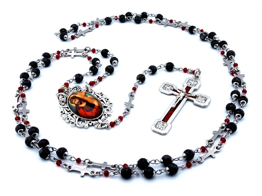 Way of the Cross unique rosary beads gemstone prayer chaplet beads with stainless steel linking cross bead and Stations of the Cross enamel crucifix.