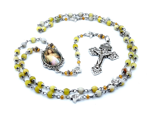 Divine Mercy and Our Lady of Grace unique rosary beads citrine gemstone rosary beads with Holy Spirit Our Father beads and pardon crucifix.