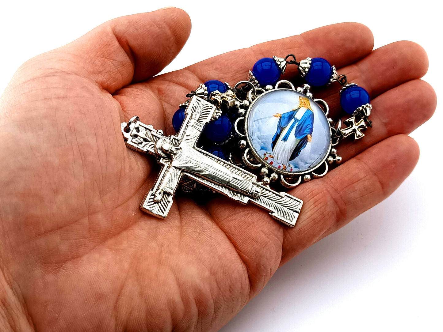 Our Lady of Grace unique rosary beads sapphire gemstone single decade rosary beads with the Resurrection crucifix.