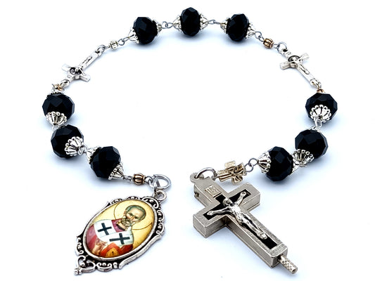 Saint Athanasius of Alexandria black faceted glass prayer chaplet with relic holder black enamel crucifix.