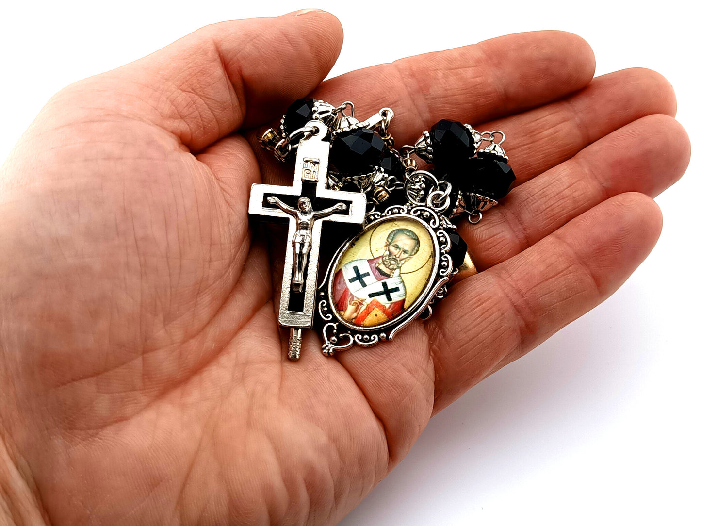 Saint Athanasius of Alexandria black faceted glass prayer chaplet with relic holder black enamel crucifix.