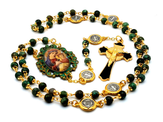 Verdigris Our Lady of Perpetual Help unique rosary beads jasper rosary beads with Saint Benedict black and gold plated stainless steel crucifix.
