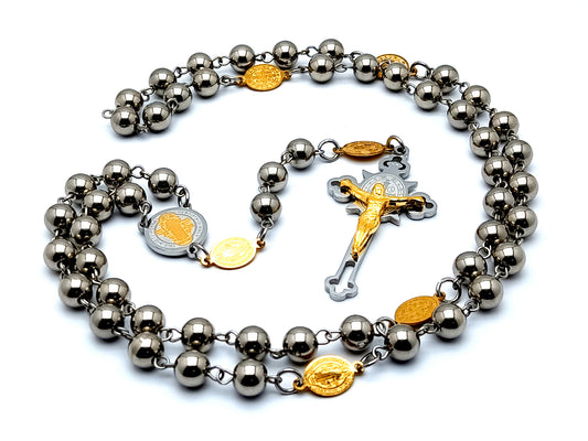 Saint Benedict unique rosary beads stainless steel rosary beads with etched gold plated stainless steel beads and Saint Benedict etched crucifix.