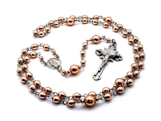 Virgin Mary unique rosary beads rose gold hematite gemstone rosary bead with engraved stainless steel crucifix.