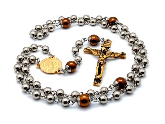 Saint Benedict unique rosary beads stainless steel and hematite gemstone rosary beads with gold plated steel crucifix and gold plated Saint Benedict medal.