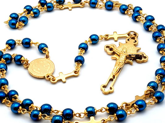 Saint Benedict unique rosary beads gold plated stainless steel and hematite gemstone rosary beads with engraved stainless steel crucifix.