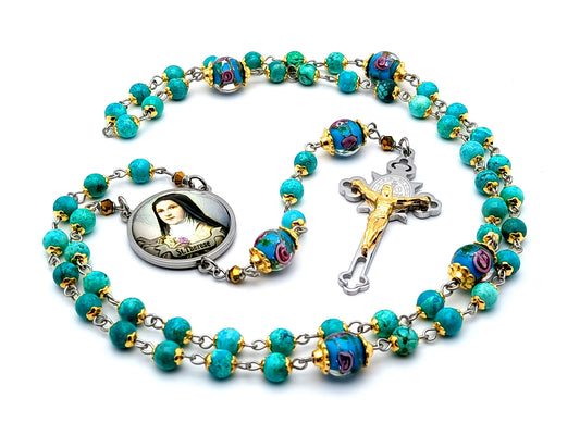 Saint Therese of Lisieux unique rosary beads turquoise and glass rosary beads with etched gold plate and stainless steel crucifix.