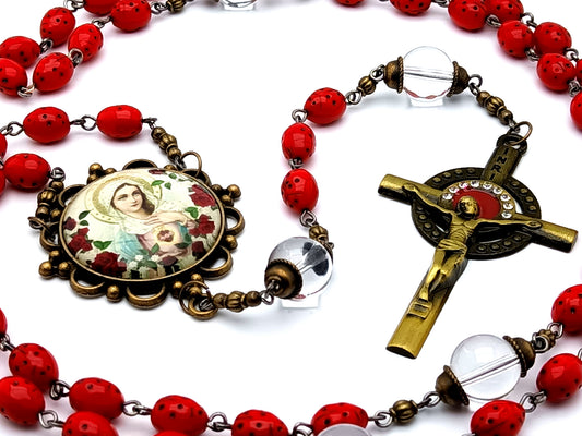 Vintage style Immaculate Heart of Mary lady bug unique rosary beads with glass ladybug beads with crystal quartz gemstone Our Father beads and brass enamel crucifix.