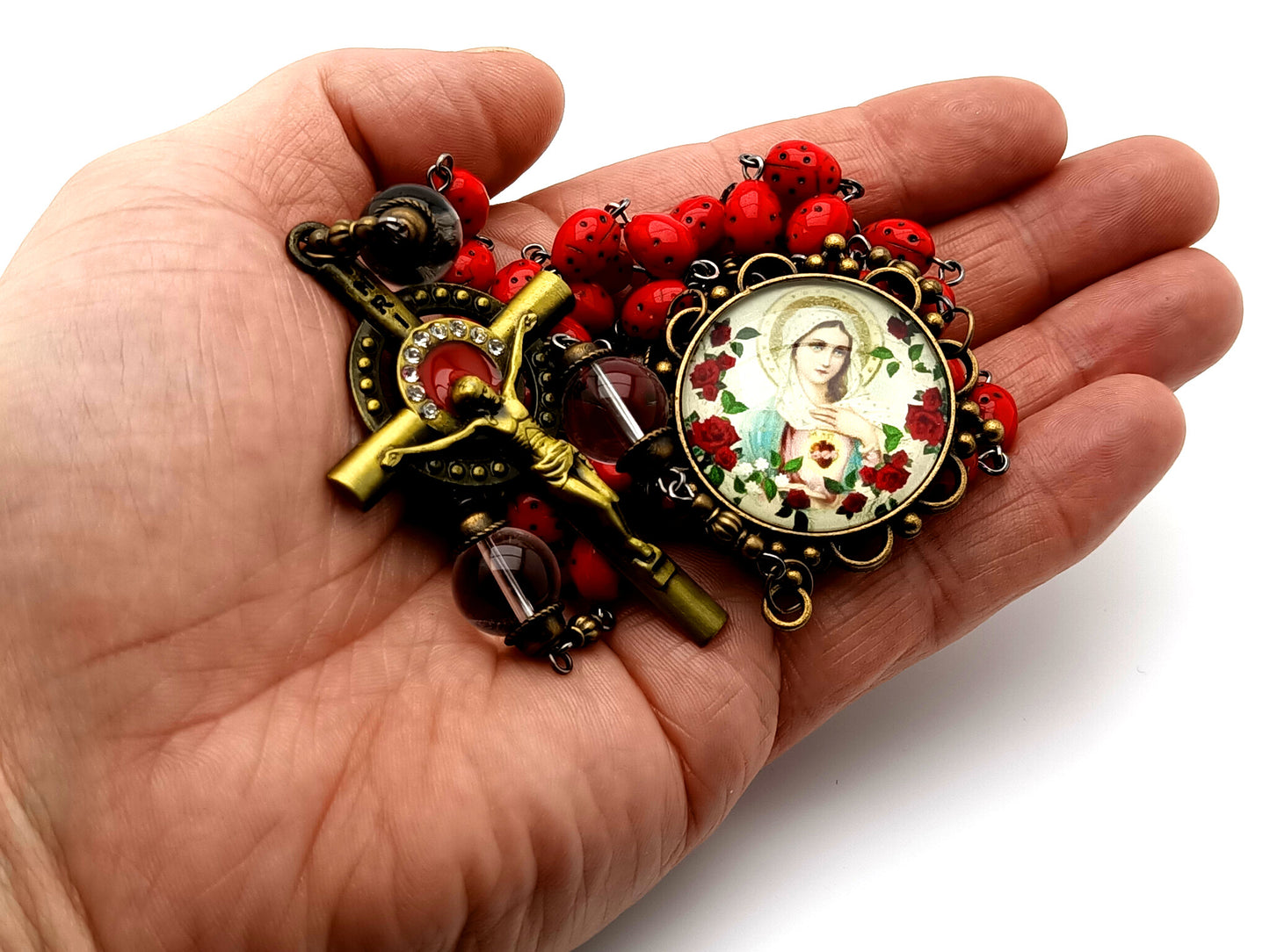 Vintage style Immaculate Heart of Mary lady bug unique rosary beads with glass ladybug beads with crystal quartz gemstone Our Father beads and brass enamel crucifix.
