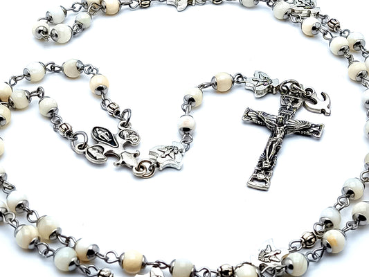 Holy Spirit unique rosary beads mother of pearl rosary beads with Holy Ghost crucifix and fleur de lis Saint Bernadette, Saint Therese Miraculous medal center.