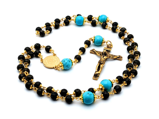 Saint Benedict unique rosary beads turquoise gemstone rosary beads with gold plated stainless steel Saint Benedict center medal and crucifix.