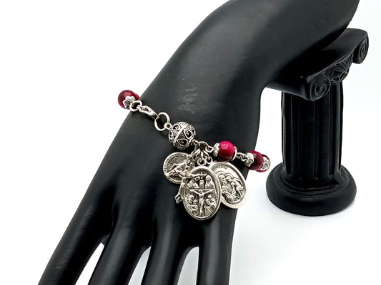 Pink tigers eye gemstone unique rosary beads single decade rosary bracelet with I am a Catholic medal.