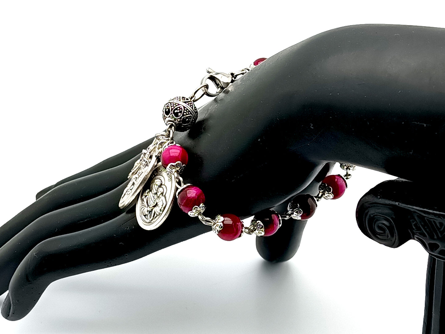 Pink tigers eye gemstone unique rosary beads single decade rosary bracelet with I am a Catholic medal.