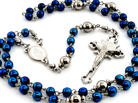 Miraculous medal stainless steel and blue hematite gemstone rosary beads with stainless steel etched crucifix.