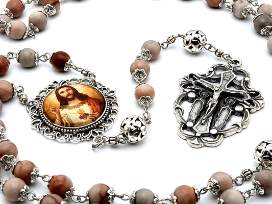 Heirloom Sacred Heart of Jesus unique rosary beads rhodonite gemstone rosary beads with two angel filigree crucifix and large silver Our Father beads.