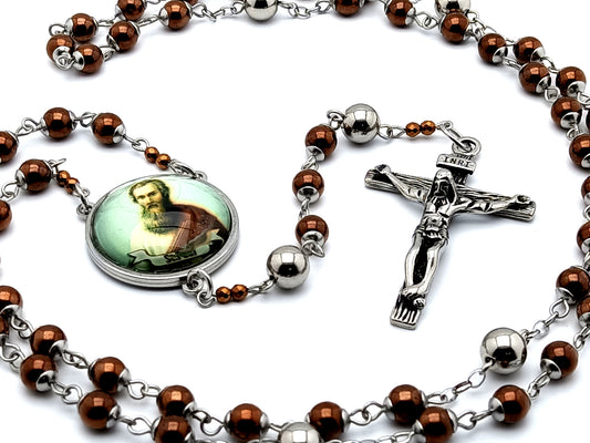 Saint Paul the Apostle bronze hematite gemstone rosary beads with stainless steel crucifix.