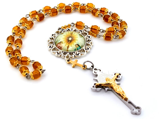 Blessed Sacrament unique rosary beads gemstone prayer chaplet with domed picture medal and stainless steel Saint Benedict crucifix with gold plated corpus.
