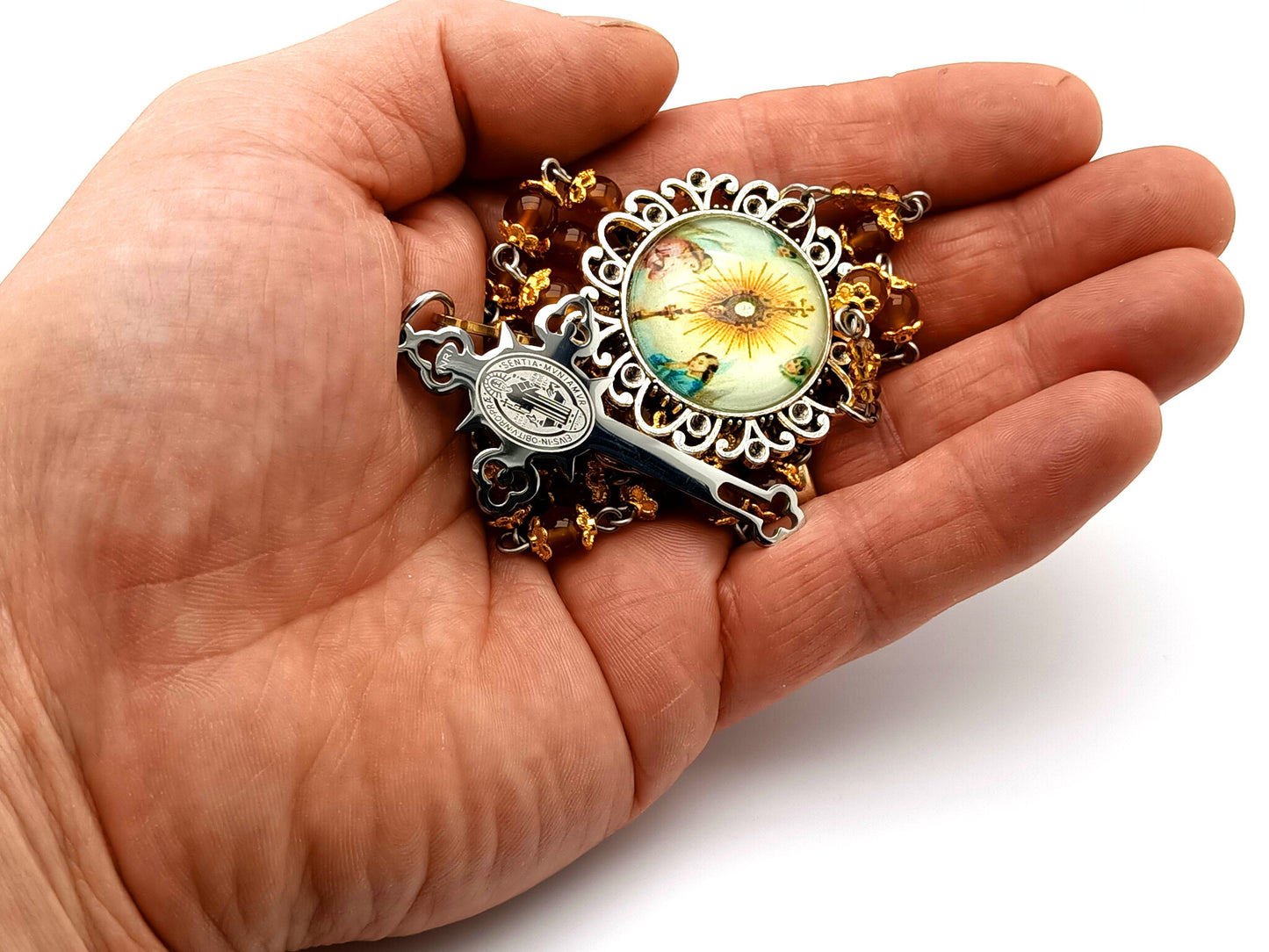Blessed Sacrament unique rosary beads gemstone prayer chaplet with domed picture medal and stainless steel Saint Benedict crucifix with gold plated corpus.