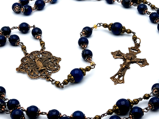 Heirloom vintage style Virgin Mary unique rosary beads lapis lazuli gemstone rosary beads with filigree brass crucifix and Blessed Mother center medal.
