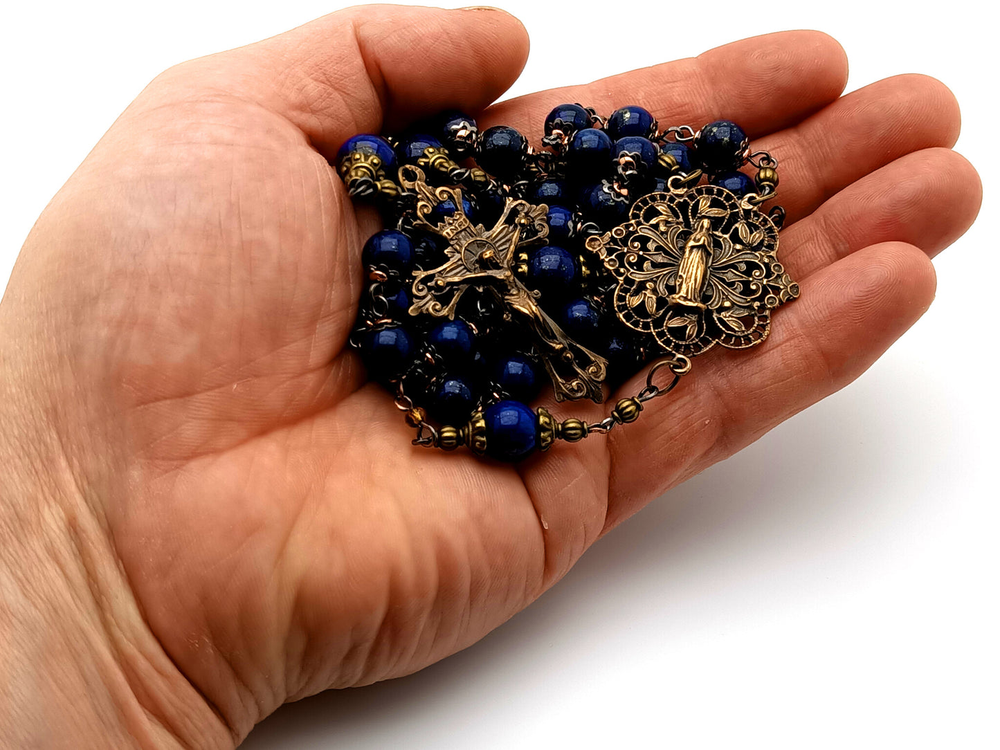 Heirloom vintage style Virgin Mary unique rosary beads lapis lazuli gemstone rosary beads with filigree brass crucifix and Blessed Mother center medal.