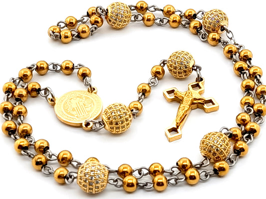 Saint Benedict unique rosary beads gold plated stainless steel rosary beads with gold plated crystal diamond Our Father beads and Saint Benedict crucifix.