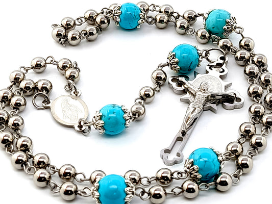 Our Lady of Grace unique rosary beads stainless steel and turquoise gemstone rosary beads with Saint Benedict stainless steel crucifix.