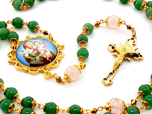 Saint Joseph unique rosary beads jade and rose quartz gemstone rosary beads with gold plated stainless steel Saint Benedict crucifix.