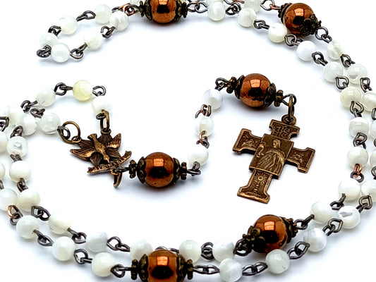 Holy Spirit unique rosary beads antique style mother of pearl and Hematite gemstone rosary beads with the Blessed Sacrament and Our Lady of Lourdes brass cross.