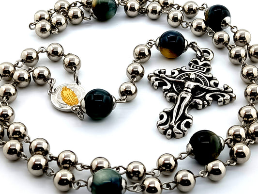 Saint Benedict unique rosary beads large stainless steel rosary beads with tigers eye Our Father gemstones and stainless steel filigree crucifix.