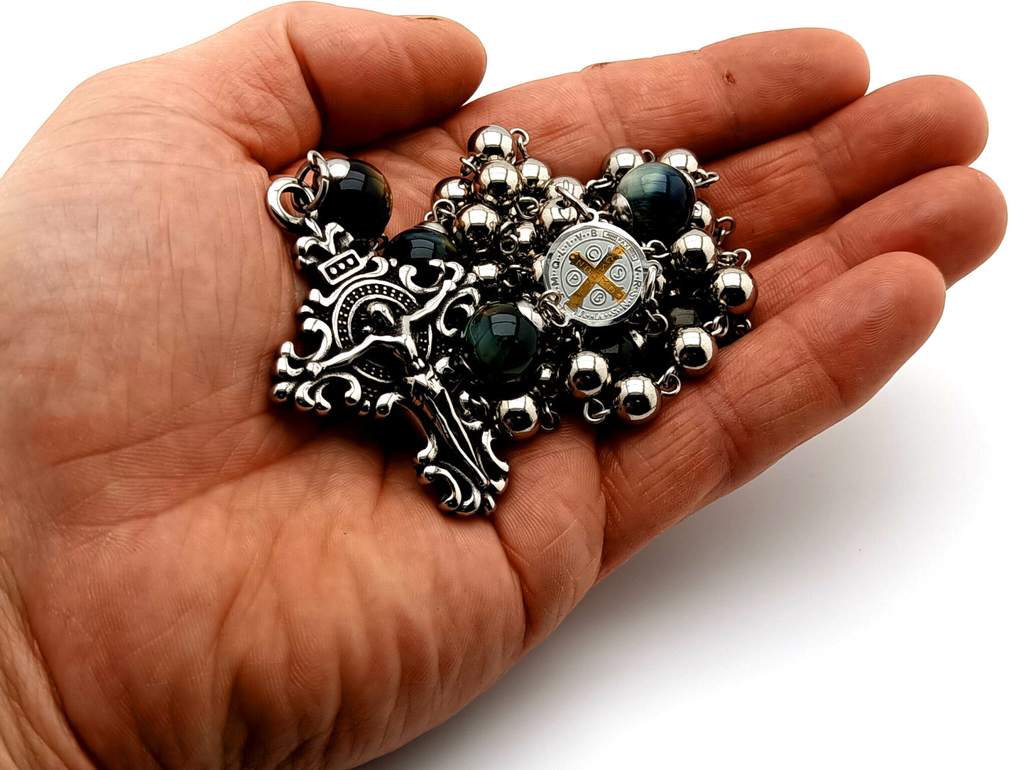 Saint Benedict unique rosary beads large stainless steel rosary beads with tigers eye Our Father gemstones and stainless steel filigree crucifix.