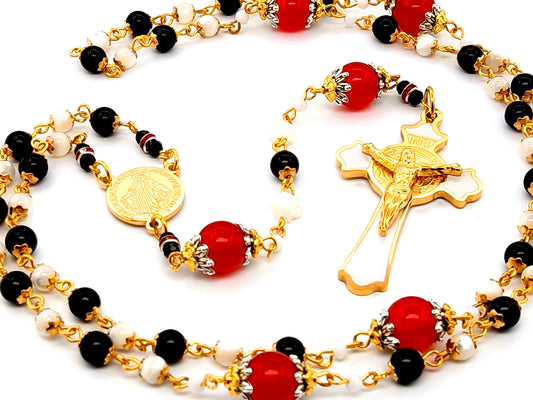 Miraculous medal unique rosary beads mother of pearl and onyx gemstone rosary beads with enamel Saint Benedict crucifix with ruby gemstone Our Father beads.