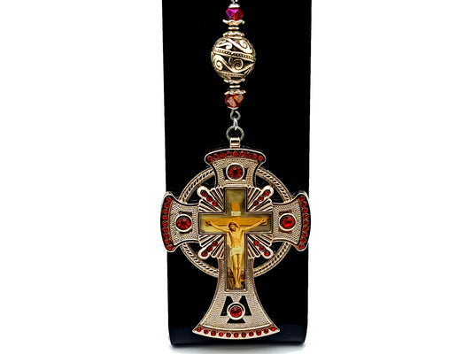 Holy Spirit unique rosary beads extra large domed picture medal purse clip and key fob with red crystal crucifix.