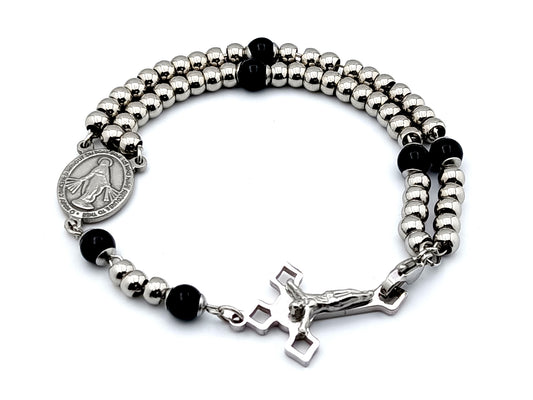 Miraculous medal stainless steel and onyx gemstone unique rosary beads wearable 5 decade rosary bracelet with stainless steel beads and Saint Benedict crucifix.