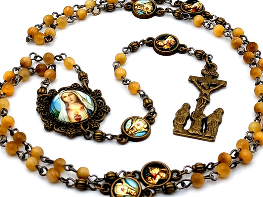 Vintage style Immaculate Heart of Mary unique rosary beads miniature tigers eye gemstone rosary beads with brass crucifix and Our Lady of Perpetual Help medals.