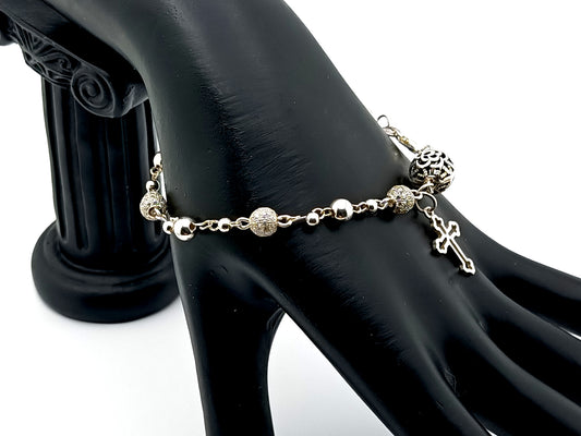 925 sterling silver unique rosary beads single decade wearable rosary bracelet with sterling silver cross and flower Our Father bead.